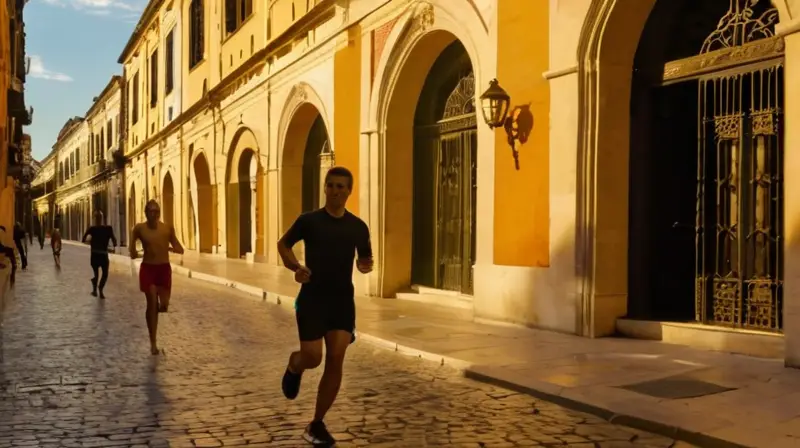 Un grupo de atletas adulto joven corre por las calles empedradas bajo un cielo azul oscuro con nubes doradas y edificios antiguos rodeados de arcos intrincados