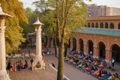 Un amplio espacio urbano repleto de gente se transforma en un gimnasio al aire libre con equipos de ejercicio modernos y expertos instructores guiando clases aeróbicas