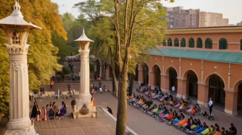 Un amplio espacio urbano repleto de gente se transforma en un gimnasio al aire libre con equipos de ejercicio modernos y expertos instructores guiando clases aeróbicas