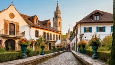 Un pueblo pintoresco con sus calles empedradas y su plaza central está bañado en un sol de finales del atardecer