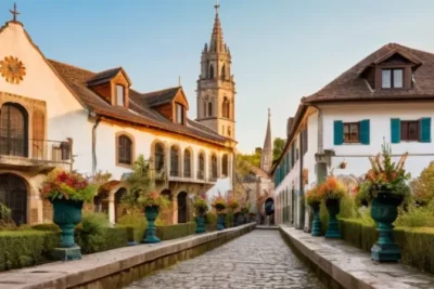 Un pueblo pintoresco con sus calles empedradas y su plaza central está bañado en un sol de finales del atardecer