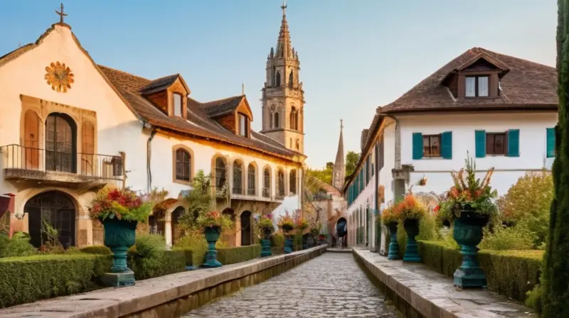 Un pueblo pintoresco con sus calles empedradas y su plaza central está bañado en un sol de finales del atardecer