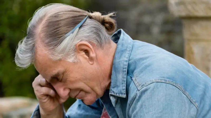 Un anciano y una niña de pelo rizado se encuentran junto a una fuente rural