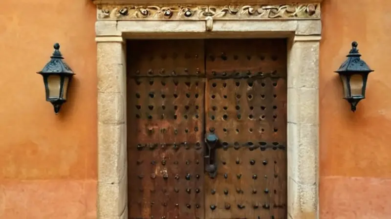 La fachada antigua presentaba un diseño ornamentado con elementos de piedra y hierro labrado, bajo una luz dorada que filtraba a través de pequeños resquicios