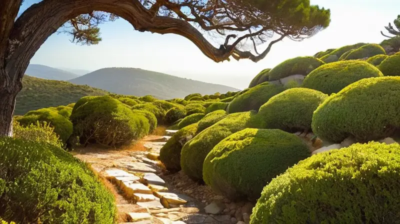 Un bosque de encinas con piedras graníticas y un sendero de piedra serpentea entre la vegetación, iluminado por una luz suave y dorada