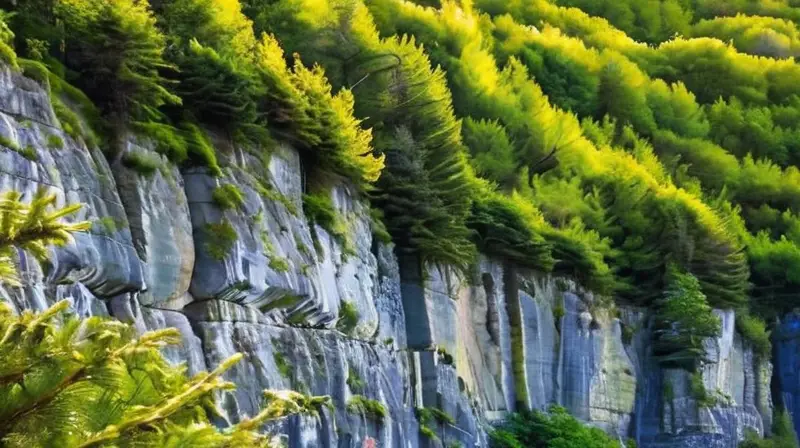 Una pared de piedra blanca y agrietada, cubierta de líquenes y musgo, se alza contra un paisaje natural impresionante con colinas de grava gris plateado e iví que envuelve una torre rupestre