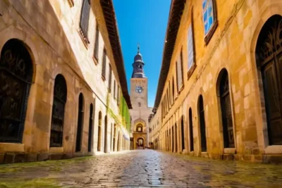 La calle empedrada es una escena idílica con arquitectura antiqua y un ambiente vibrante