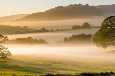 Un valle lluvioso se despliega a la escena con niebla y rocío que cubre todo en un ambiente húmedo y fresco