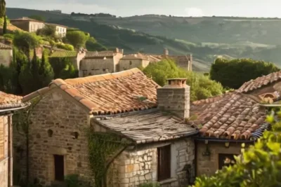 Una vista paisajística idílica muestra viejos edificios junto a viñedos y olivares en un entorno bucólico