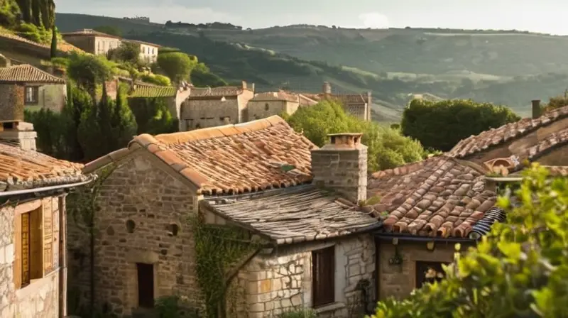 Una vista paisajística idílica muestra viejos edificios junto a viñedos y olivares en un entorno bucólico