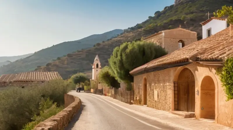 Un paisaje montañoso de Andalucía con una senda serpenteante que atraviesa un pueblo rústico rodeado de olivos y colinas