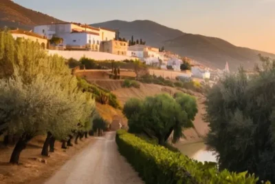 Un paisaje rural español bañado por la luz dorada del crepúsculo con colinas ondulantes y huellas largas de sombra en los tejados terracota