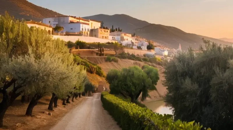 Un paisaje rural español bañado por la luz dorada del crepúsculo con colinas ondulantes y huellas largas de sombra en los tejados terracota