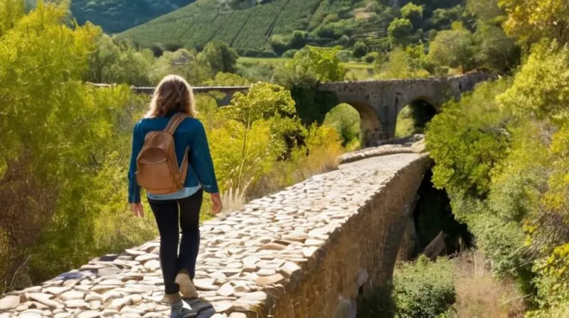 Una mujer camina junto al puente de piedra sobre el río Grande