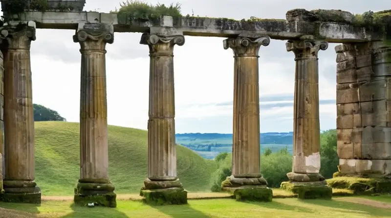 Una columna romana derrumbada se alza majestuosamente sobre una cálida luz dorada que destaca sus detalles y contrasta con el cielo azul desvaído