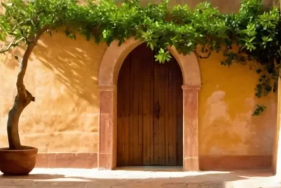 La imagen describe un patio español con detalles arquitectónicos y naturales característicos