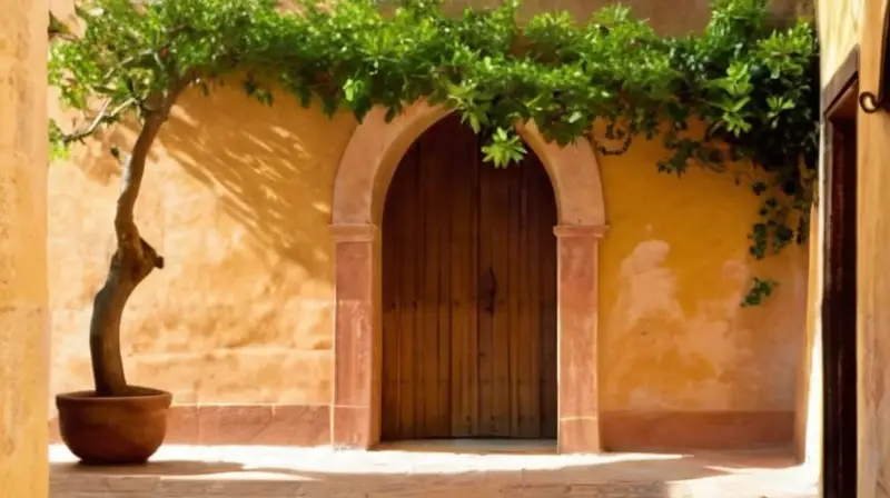 La imagen describe un patio español con detalles arquitectónicos y naturales característicos