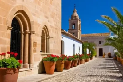 La imagen muestra el centro histórico de un pueblo pequeño con una iglesia cuyo fachada se refleja en un paisaje tranquilo y pintoresco