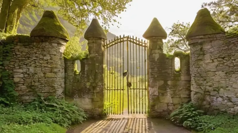 Una imponente fortaleza medieval se destaca contra un cielo dorado con nubes de cirro, rodeada de flores silvestres que cuelgan sus pétalas delicadas