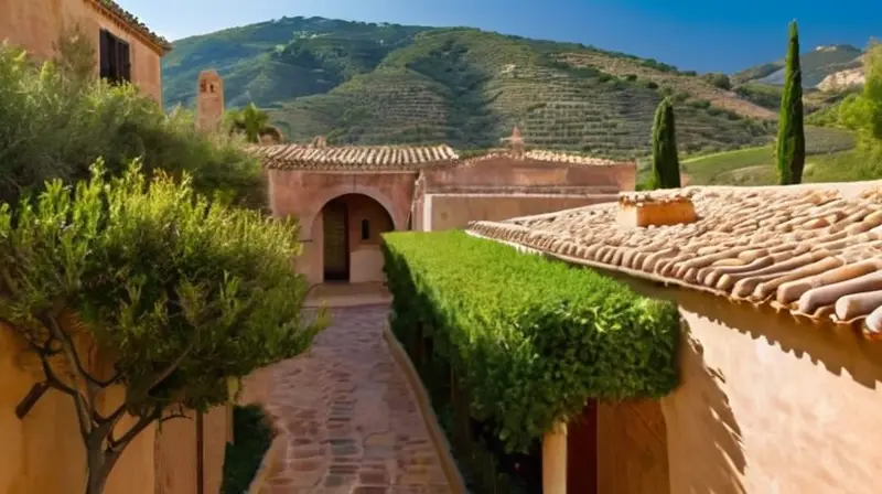 El panorama describe un Village español con arquitectura rústica y tradicional, adornado con azulejos vibrantes y detalles artísticos