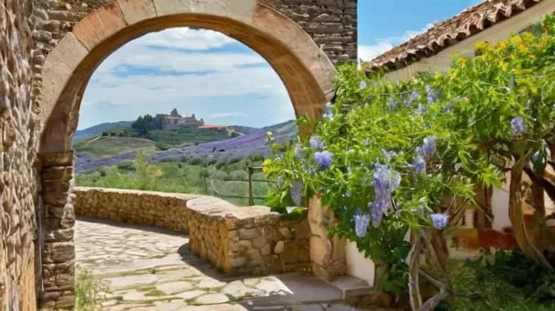 Un pueblo tranquilo de Aracena con casas antiguas y jardines olivares bajo un cielo azulado estival