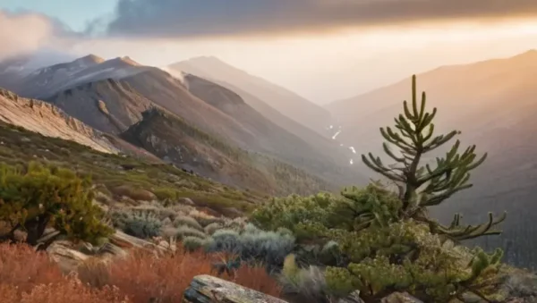 Una fotografía de paisaje muestra una cadena montañosa con picos graníticos grises-brownes cubierta de vegetación y nieve