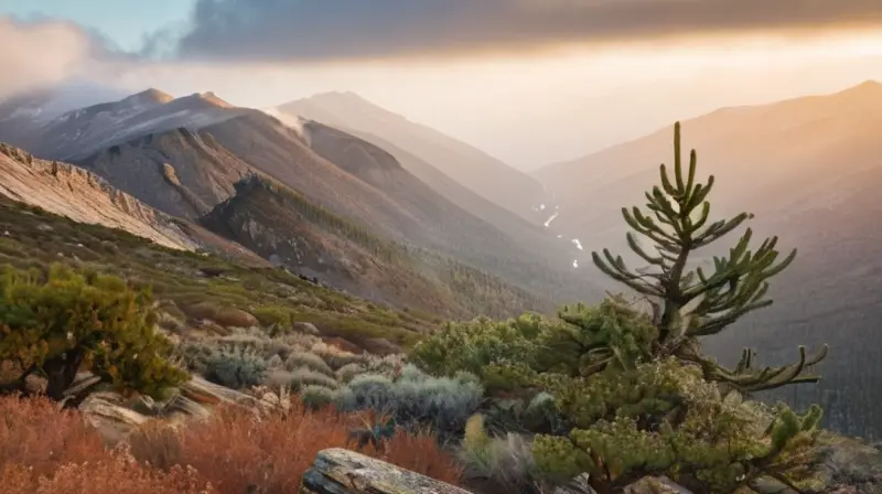 Una fotografía de paisaje muestra una cadena montañosa con picos graníticos grises-brownes cubierta de vegetación y nieve