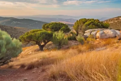 Un paisaje montañoso andaluz con colinas rojas y árboles enmarcado bajo un cielo vasto y luminoso