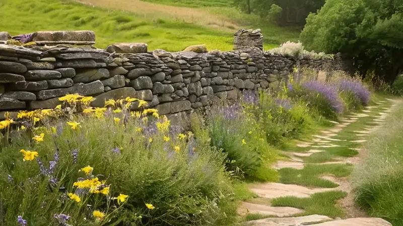 Una antigua pared de piedra se alza detrás de un cartel de madera vetusta, rodeado por flores silvestres en plena floración y sombreado por la ausencia de nubes ajenas