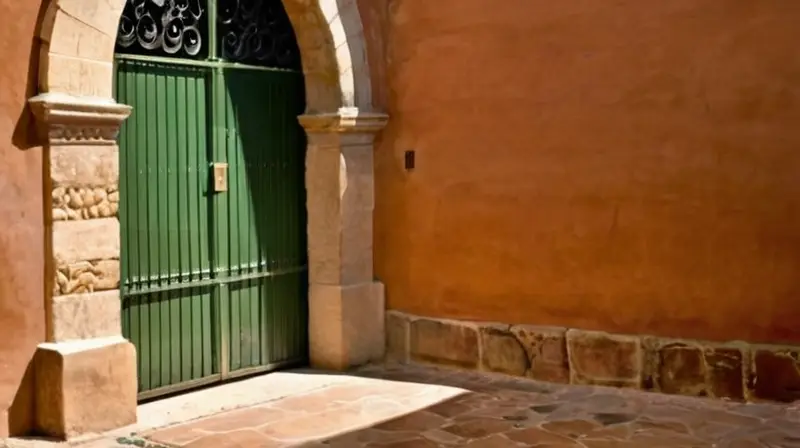 Un edificio antiguo presenta una fachada en terracota con detalles ornamentales y muros blancos que se mezclan con la ruda naturaleza del paisaje circundante