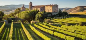 La imagen muestra un paisaje idílico con edificios históricos y monumentos rodeados de colinas