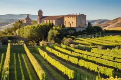 La imagen muestra un paisaje idílico con edificios históricos y monumentos rodeados de colinas