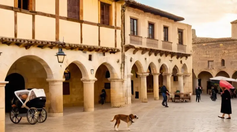 Un encantador casco antiguo de un pueblo andaluz alberga una plaza central rodeada por edificios antiguos con fachadas renacentistas y patios empedrados bajo la luz dorada del sol