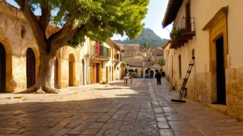 El pueblo tiene una plaza deteriorada rodeada de edificios desgastados y casas con tejados de terracota, sombreados por enormes árboles