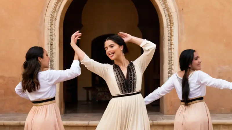 La imagen retrata un grupo de mujeres tradicionalmente vestidas aderezando una danza frente a la fachada de una hacienda antigua