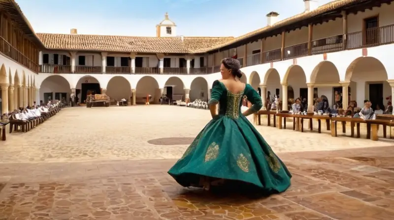 Un pueblo antiguo en Aracena, Andalucía, España, muestra personas de diferentes eras bailando juntas con un fondo de edificios rústicos y una plaza histórica