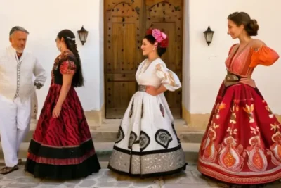 Un grupo de danzantes flamencos tradicionales se alinean en un patio andaluz iluminado por el sol