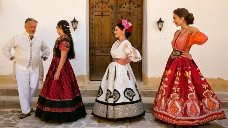 Un grupo de danzantes flamencos tradicionales se alinean en un patio andaluz iluminado por el sol