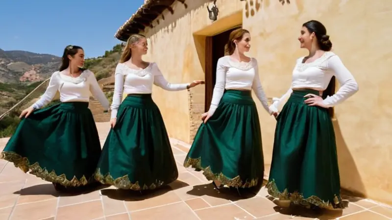 Un grupo de mujeres vestidas con trajes tradicionales andaluces se sientan en un semicírculo alrededor de una puerta, detrás de las cuales se extiende la paisaje rural con olivos y montañas