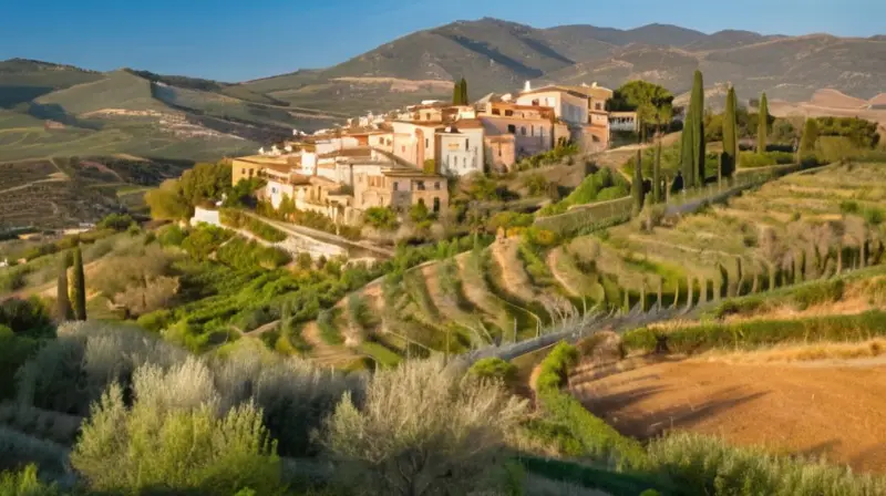 En el paisaje rural andaluz se extiende una pintoresca escena rural, con olivares verdes que se mezclan con edificios de tejas rojizas y colgaduras de madera desparejadas