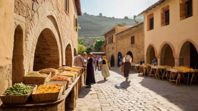 La escena muestra un antiguo plaza con casas de paredes de piedra rodeadas de vendedores y puestos ofreciendo especialidades locales en un ambiente vibrante