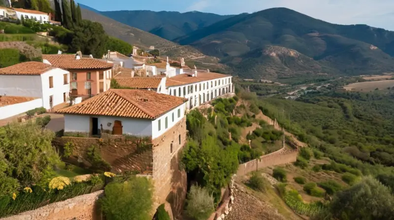 La montaña de Sierra de Aracena se presenta con un paisaje sereno y antiguo, donde la naturaleza mezcla con la arquitectura tradicional
