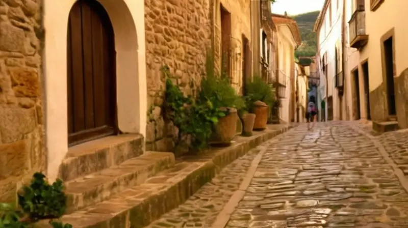 Las calles empedradas de piedra vieja en Aracena, España, están salpicadas de sombras y luz natural rodeando la iglesia gótica preservada