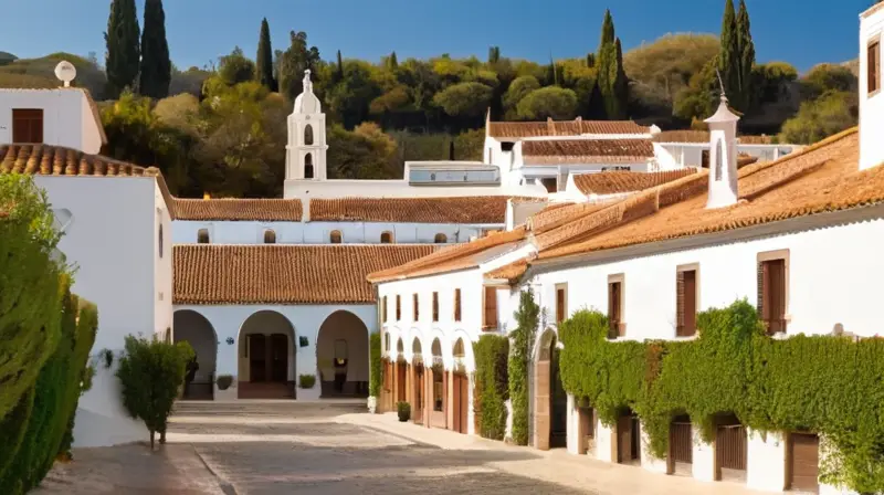 Una pintoresca aldea white de Andalucía se aprecia situada en un ambiente de bosque