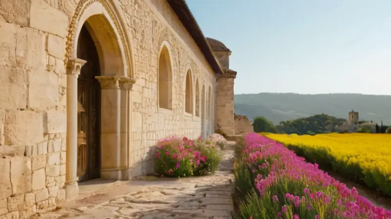 La descripción representa una estructura antigua con un exterior blanco cubierta de oléndoras y adornada con puerta dorada, flanqueado por personas modernas bajo un paisaje lejano que incluye un campanario de iglesia