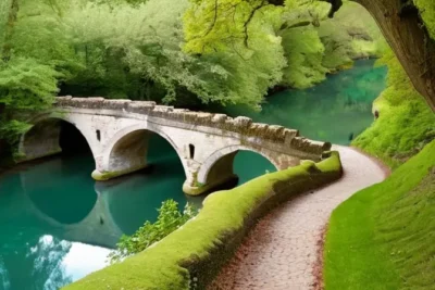 Una figura solitaria deambula junto a un puente antiguo que cruza un río tranquilo por una encantadora aldea histórica rodeada de bosques de grandes árboles