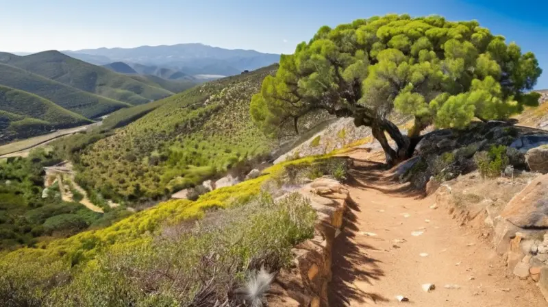 La escena despliega una vasta y ondulada extensión de tierra seca rodeada por colinas abruptas, densos bosques e incluso un estanque cristalino