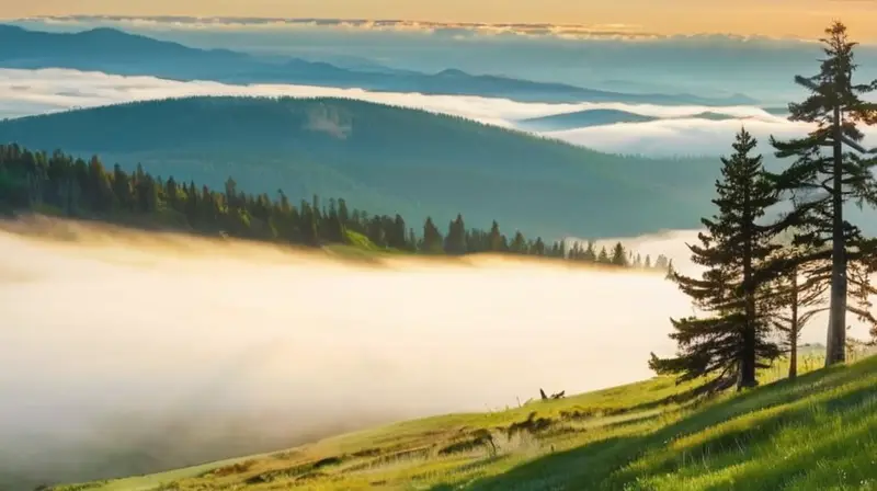 En el horizonte se ven montañas grisáceas cubiertas de nubes finas sobre un fondo de colinas verdes ondulantes con un bosque visible desde lejos