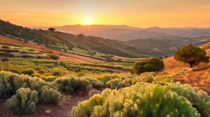 La sierra de Aracena se presenta como un paisaje árido y rocoso con colinas ondulantes en tonos terroso-oliváceos, intercaladas por vegetación seca y troncos retorcidos