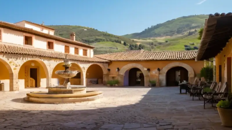 Un pintoresco pueblo está lleno de encanto con una plaza central junto a fuentes antiguas rodeado por calles estrechas y tiendas charmean